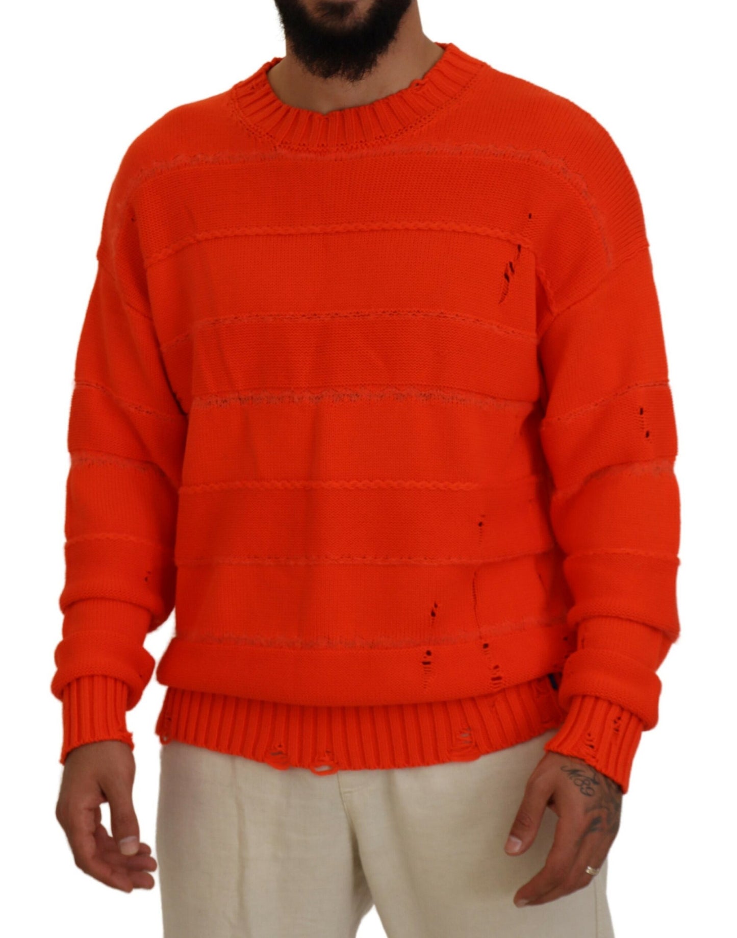 Orange Cotton Long Sleeves Men Pullover Sweater