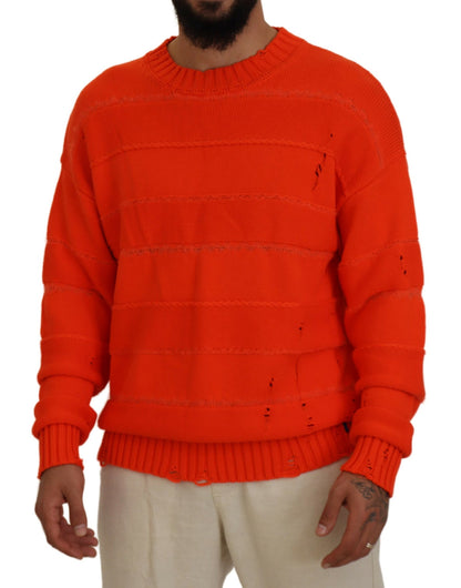 Orange Cotton Long Sleeves Men Pullover Sweater