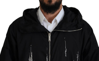 Black White Print Long Hooded Coat Nylon Jacket