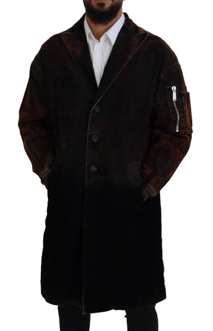Brown Full Button Men Long Coat Cotton Jacket