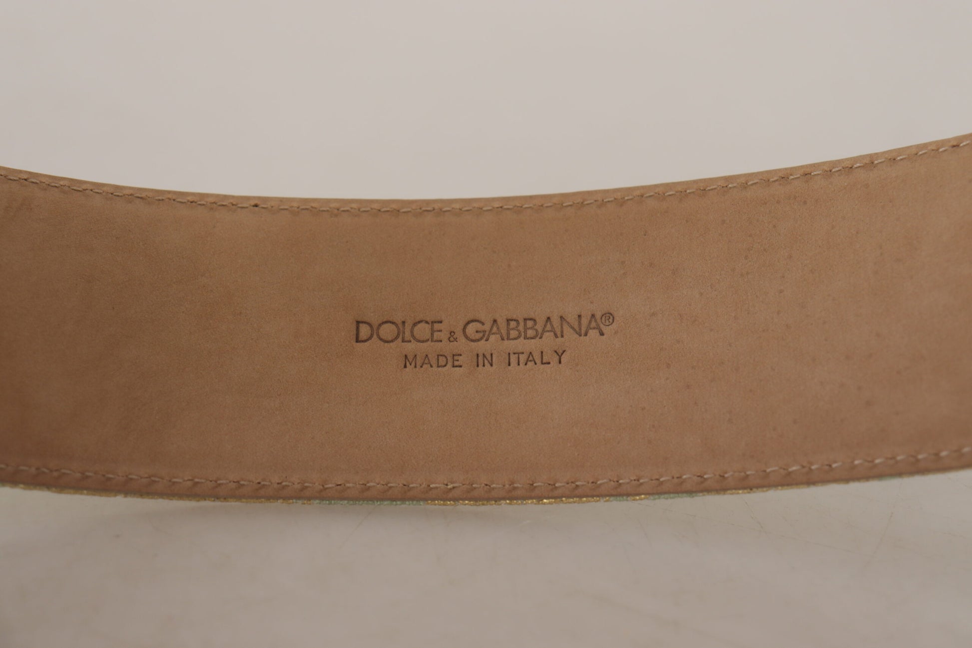 Engraved Buckle Leather Belt - Green & Gold