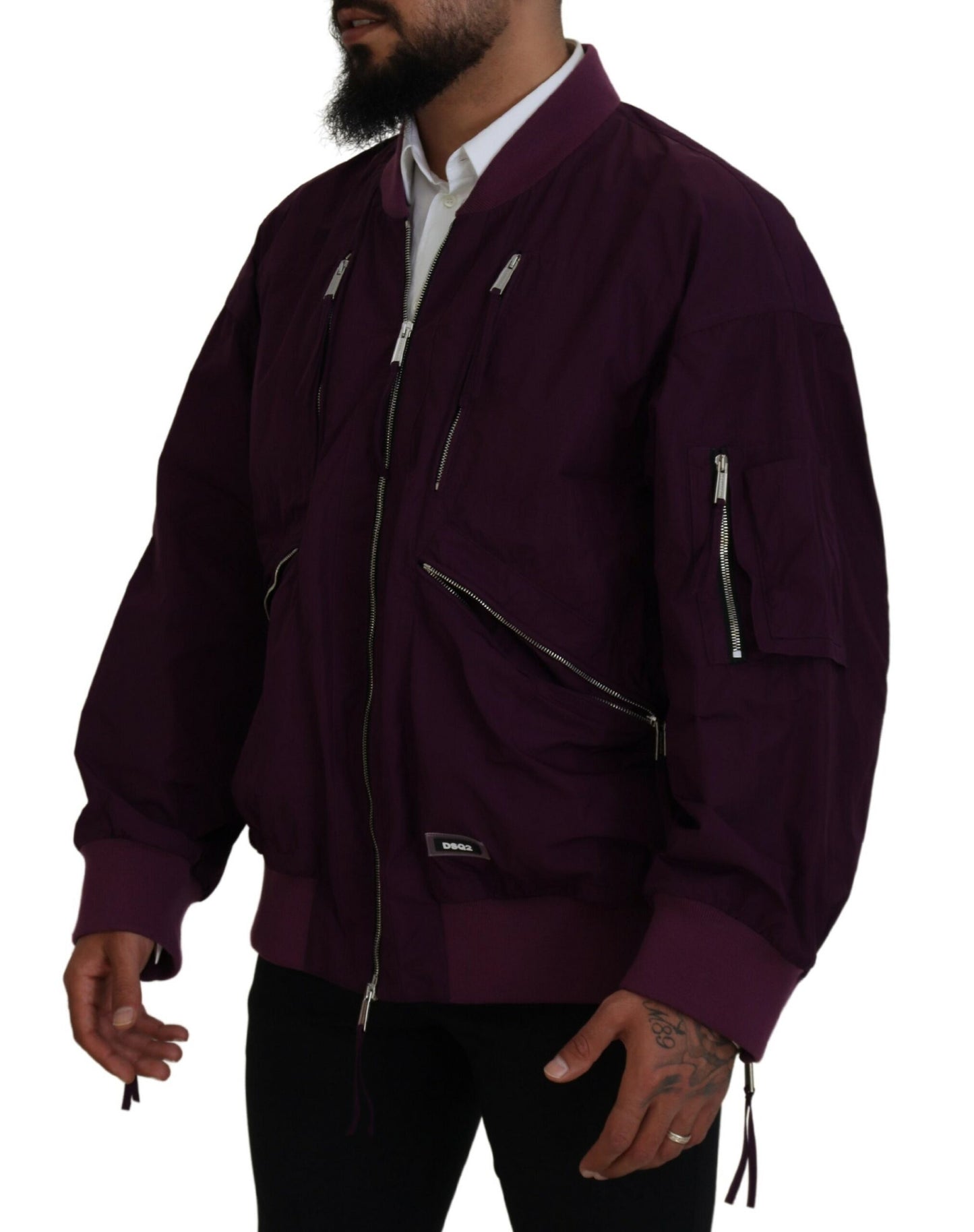 Purple Polyester Full Zipper Bomber Jacket
