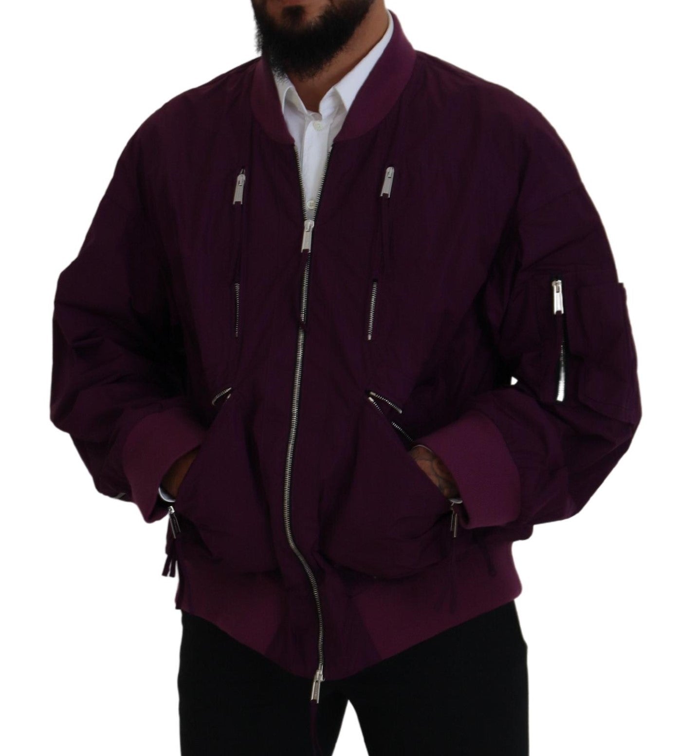 Purple Polyester Full Zipper Bomber Jacket