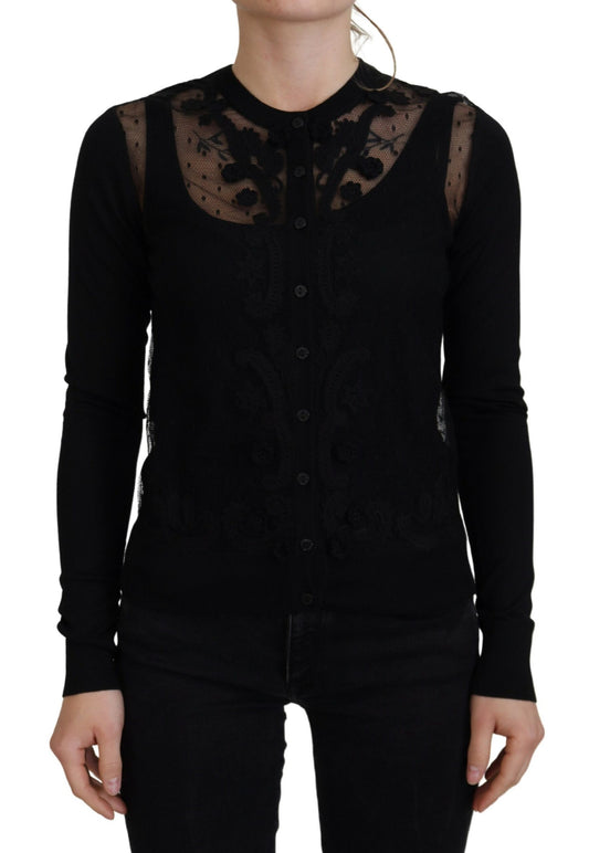 Elegant Black Floral Lace Cardigan Sweater