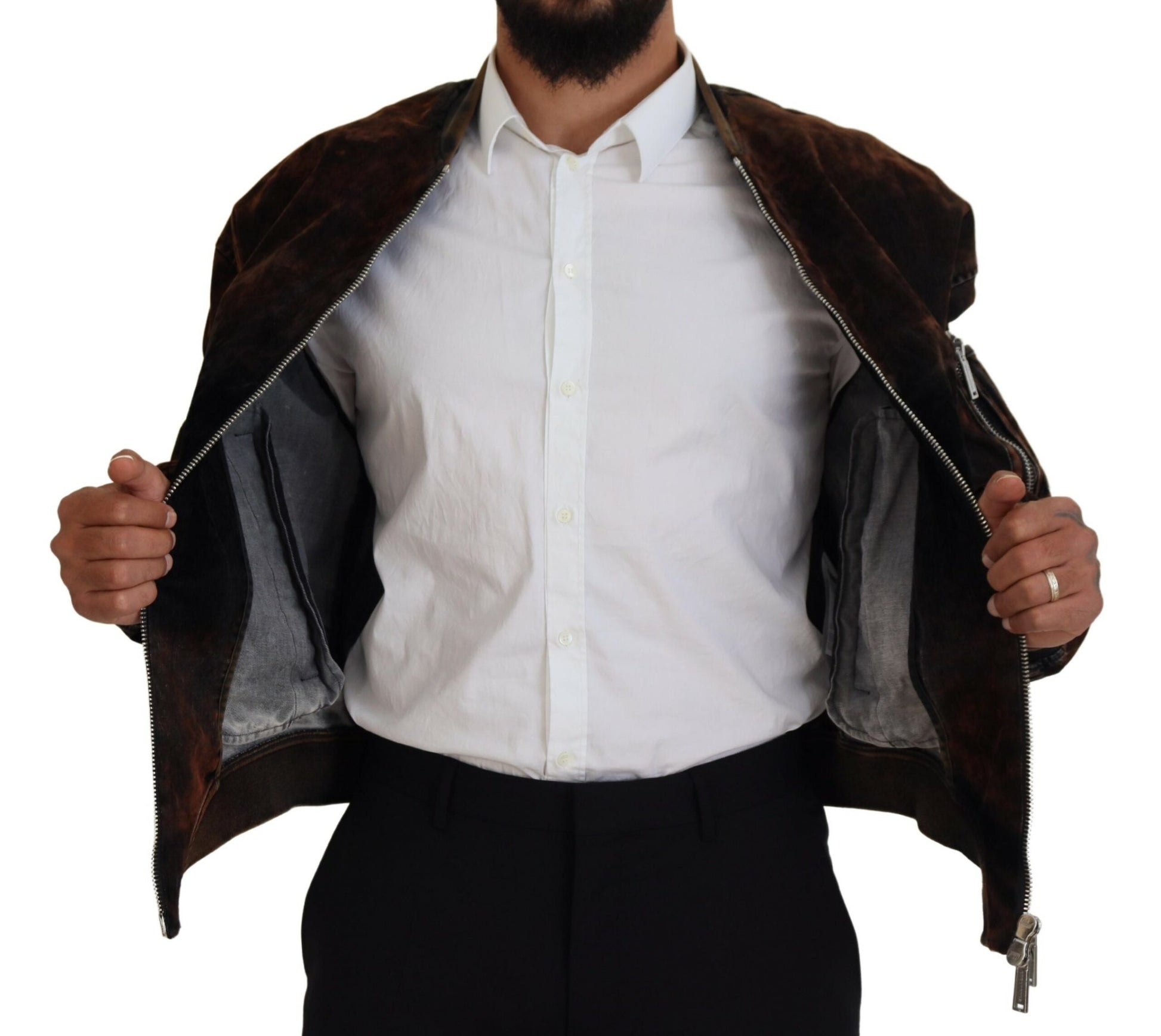 Brown Cotton Bomber Zipper Pocket Sleeves Jacket