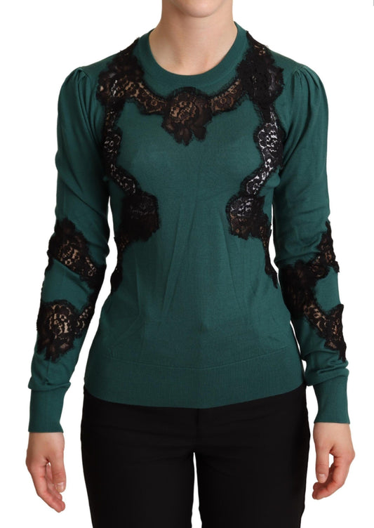 Elegant Green Pullover with Black Lace Detail