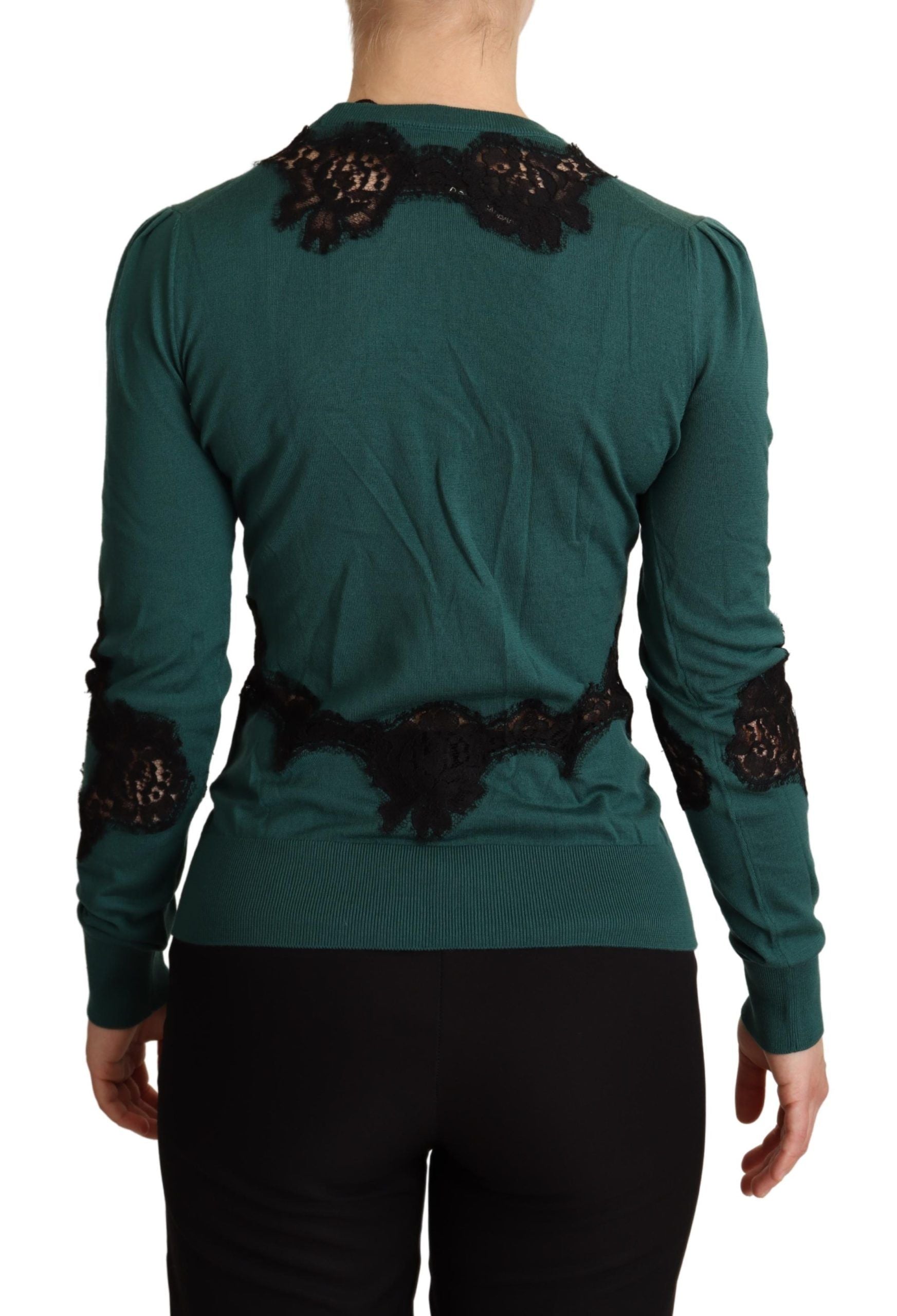Elegant Green Pullover with Black Lace Detail