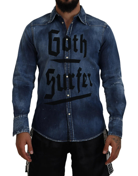 Blue Washed Goth Surfer Print Men Denim Shirt