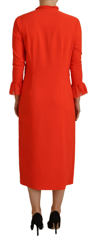 Red Polyester Long Sleeves Pleated Midi Dress