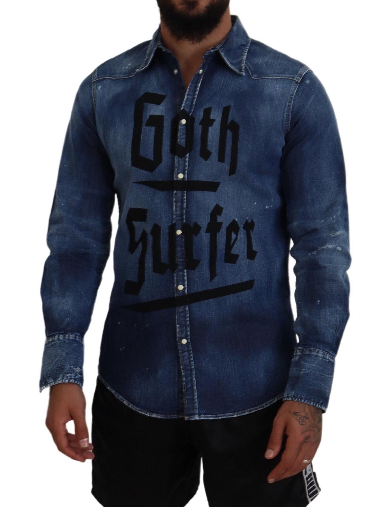 Blue Washed Goth Surfer Print Men Denim Shirt