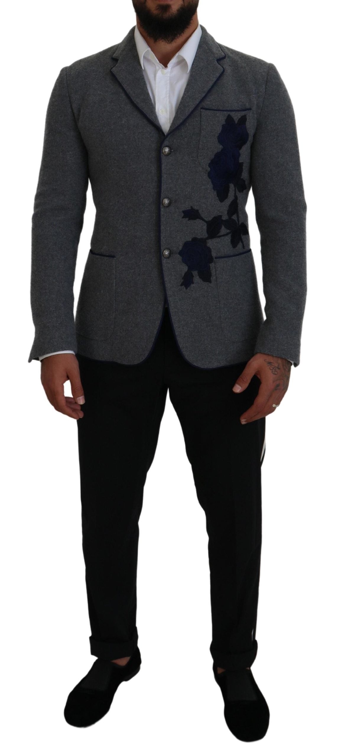 Elegant Gray Wool Blazer with Blue Rose Embroidery
