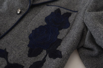 Elegant Gray Wool Blazer with Blue Rose Embroidery