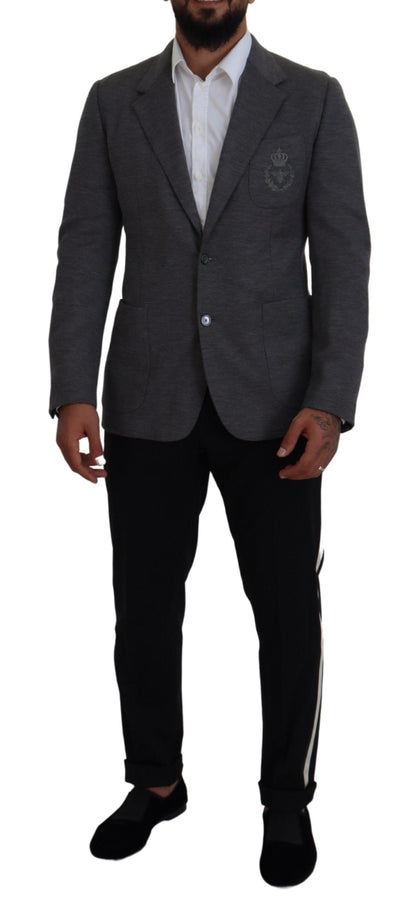 Elegant Gray Wool Blazer with Bee Crown Embroidery