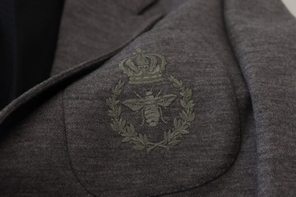 Elegant Gray Wool Blazer with Bee Crown Embroidery