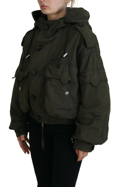 Green Cotton Hooded Cargo Button Jacket