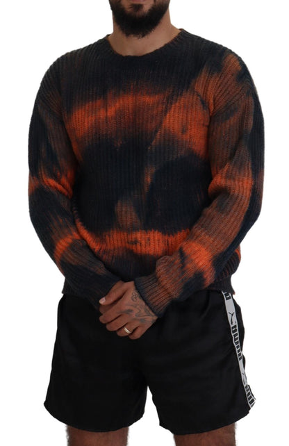 Black Orange Cotton Tie Dye Men Pullover Sweater