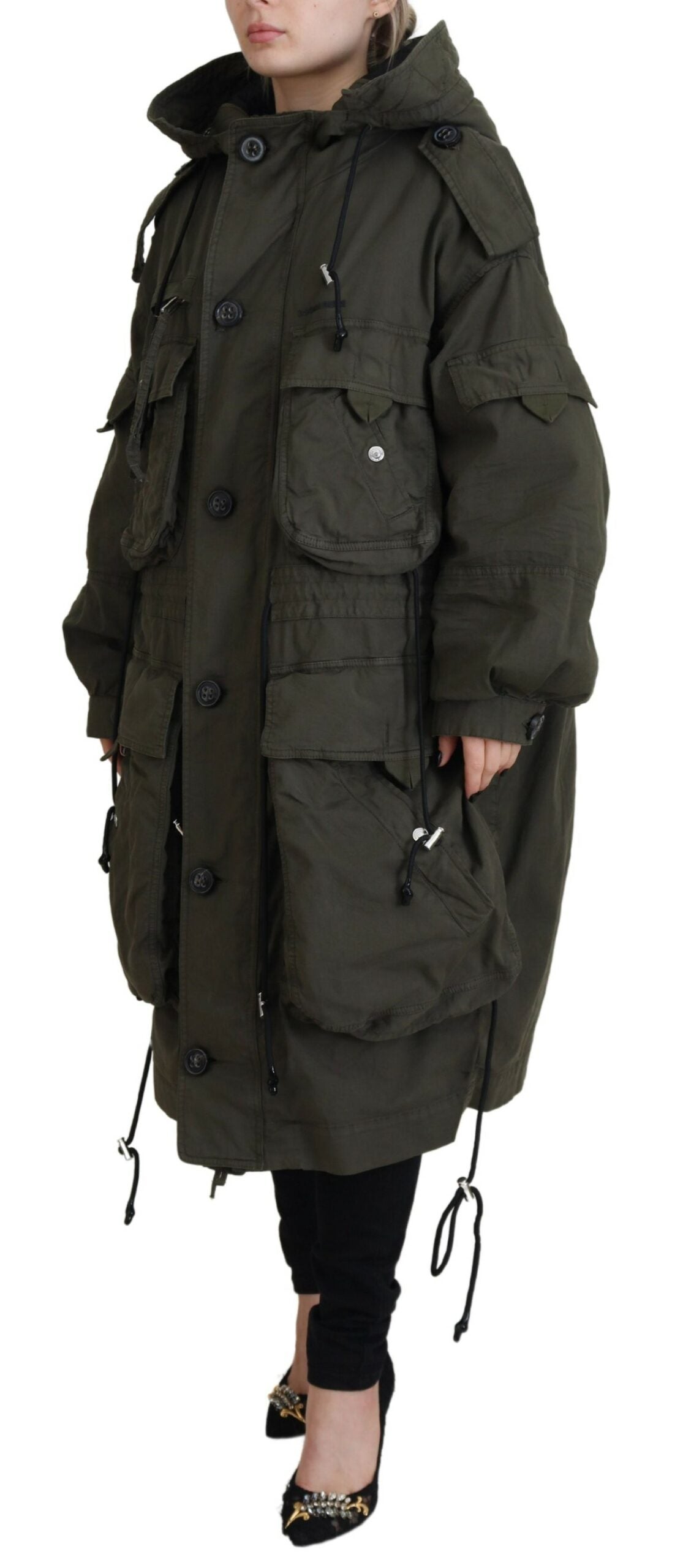 Green Hooded Full Zip Long Parka Coat Jacket