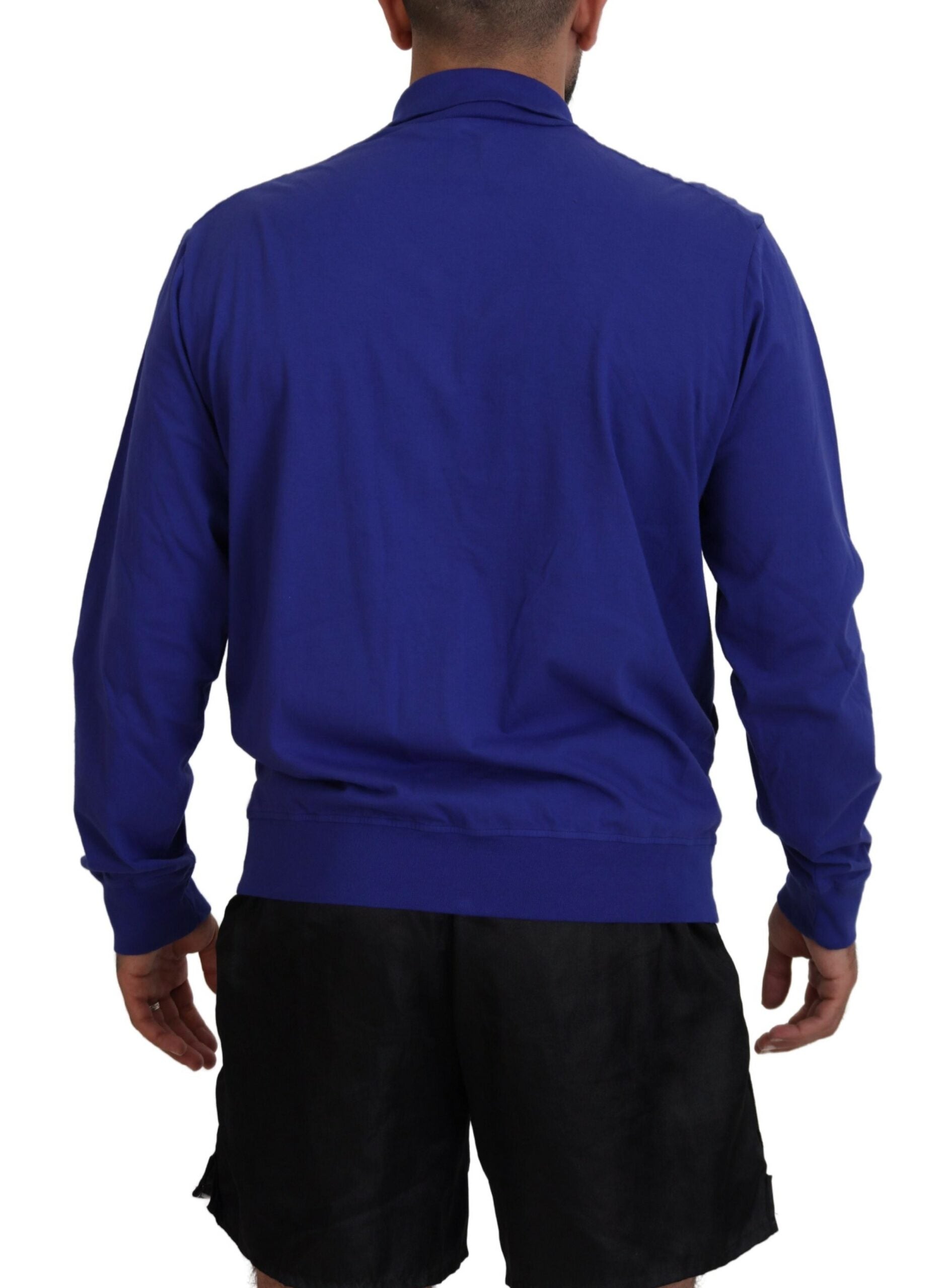 Blue Cotton Printed Collared Men Full Zip Sweater