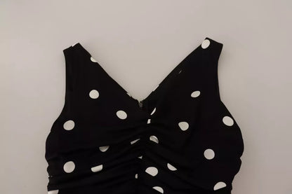 Black Silk Polka Dots V-neck Sheath Midi Dress