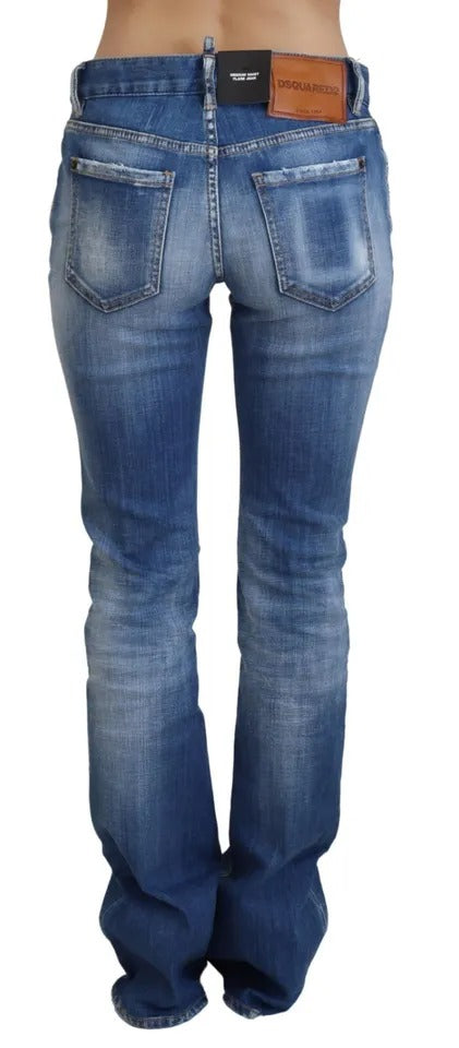 Blue Washed Cotton Mid Waist Flared Denim Jeans