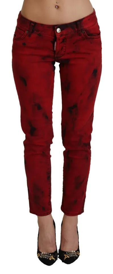 Red Low Waist Cotton Stretch Skinny Pants