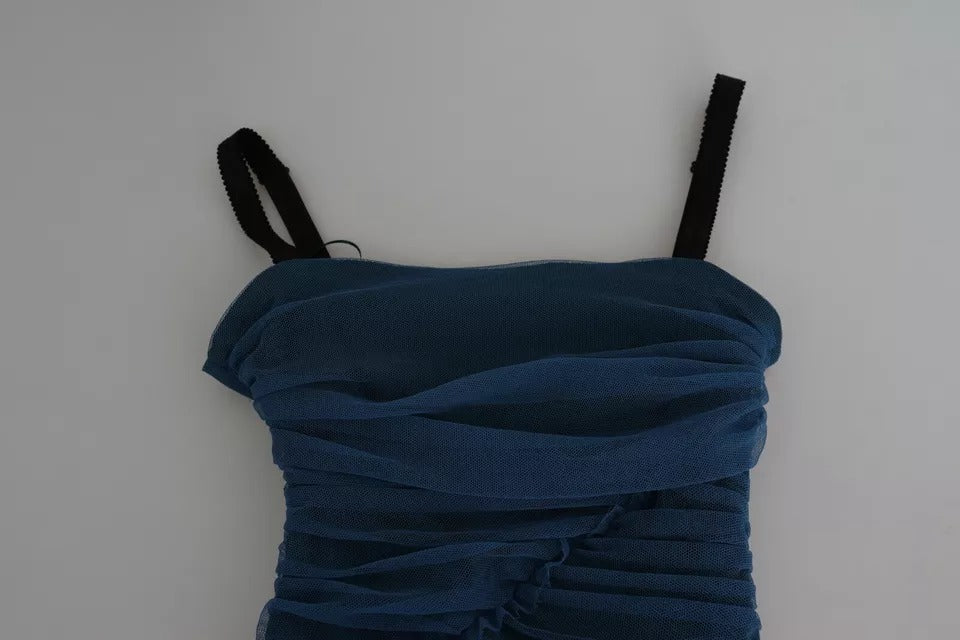 Blue Draped Tulle Midi Sheath Cotton Dress