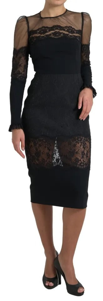 Black Sheer Floral Lace Sheath Midi Dress
