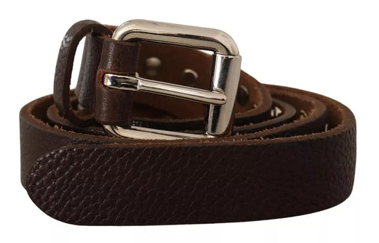 Brown Leather Studded Silver Metal Buckle Belt