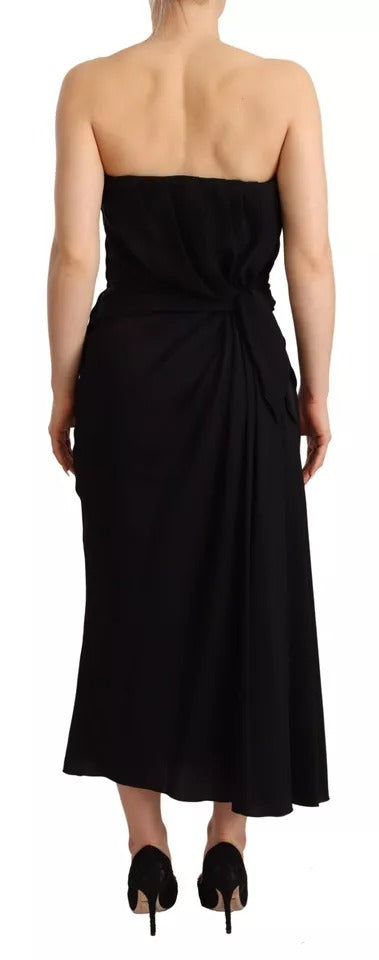Black Silk Stretch Strapless Sheath Midi Dress