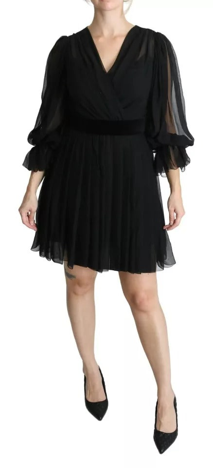 Black Mesh Pleated Mini Silk Blend Dress