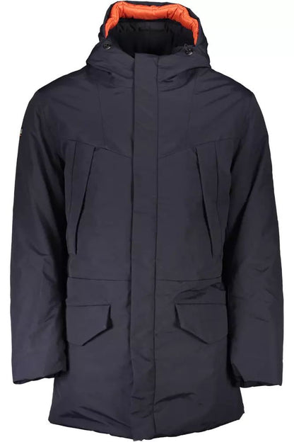 Sleek Blue Hooded Jacket with Stylized Applications