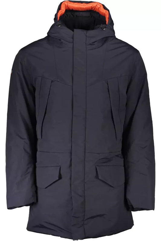 Sleek Blue Hooded Jacket with Stylized Applications