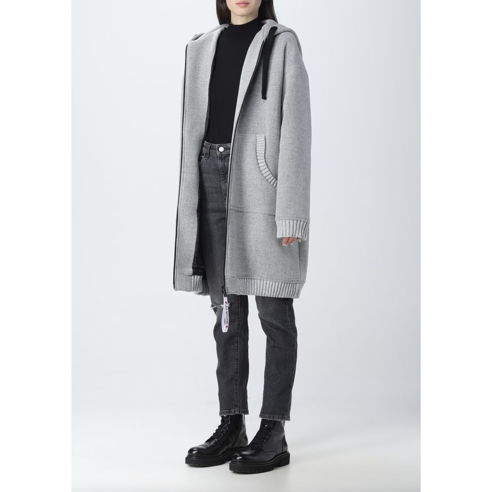 Elegant Grey Wool Hooded Coat