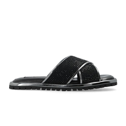 Black Zircon-Bedecked Leather Slippers