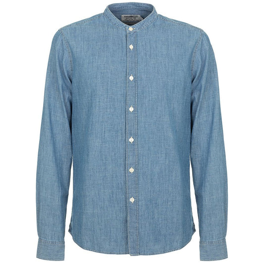 Mandarin Collar Blue Linen-Cotton Shirt