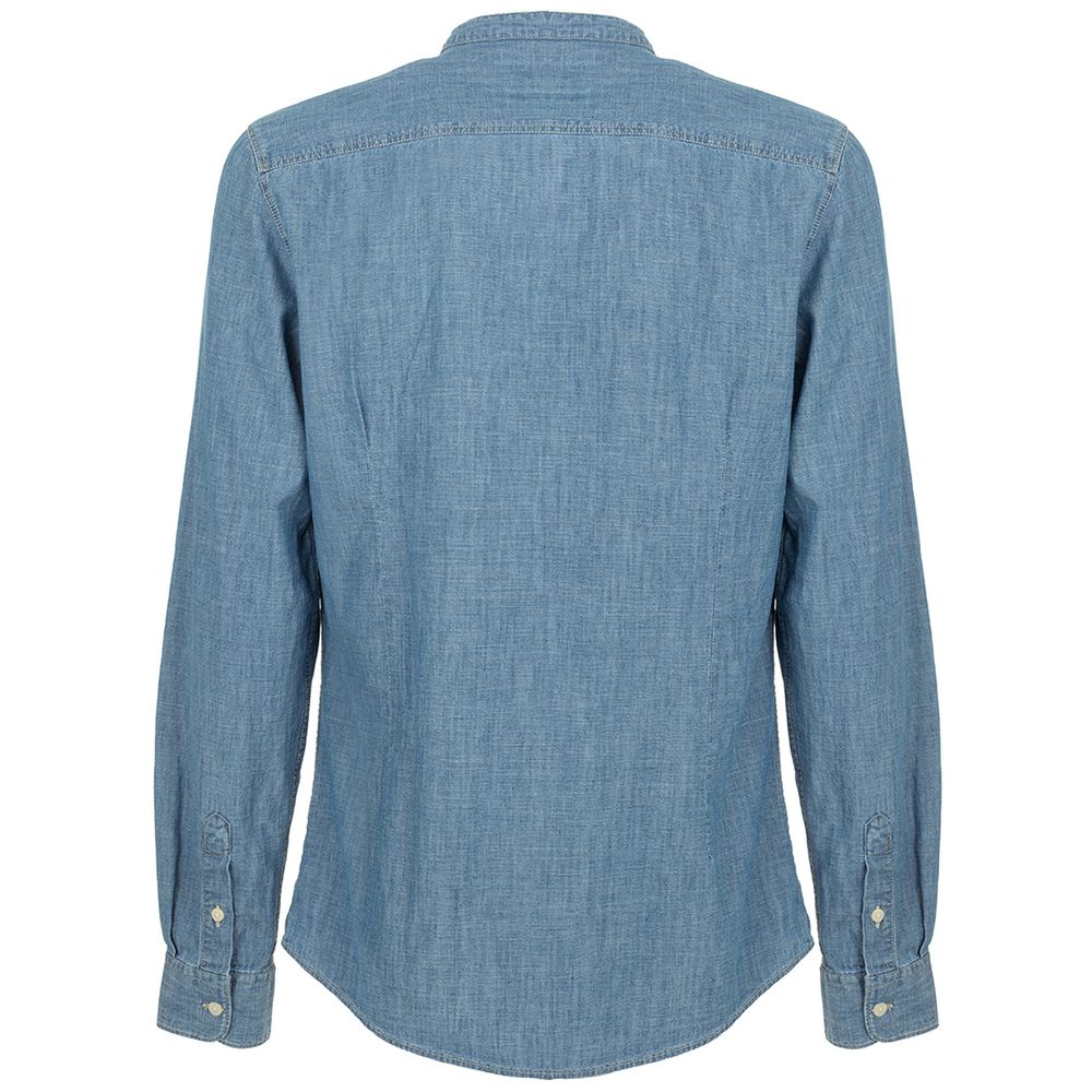 Mandarin Collar Blue Linen-Cotton Shirt