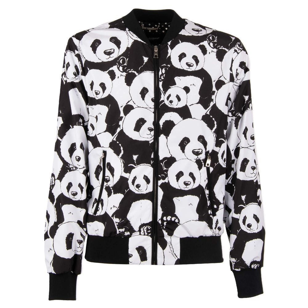 Elegant White Panda Print Nylon Jacket