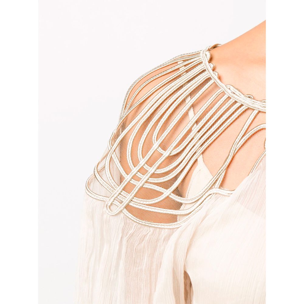 Elegant Beige Silk Panel Dress with Long Sleeves