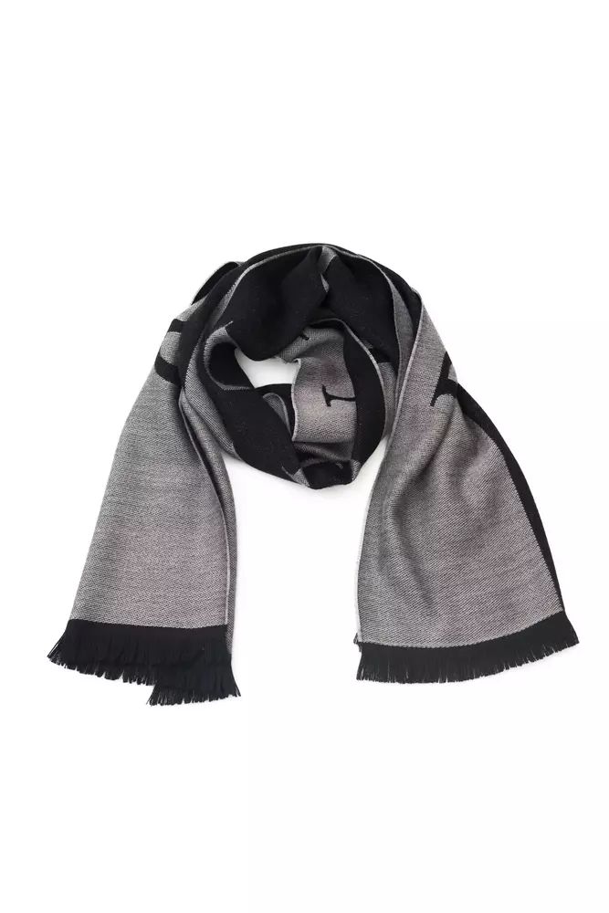 Chic Gray Fringed Logo Scarf