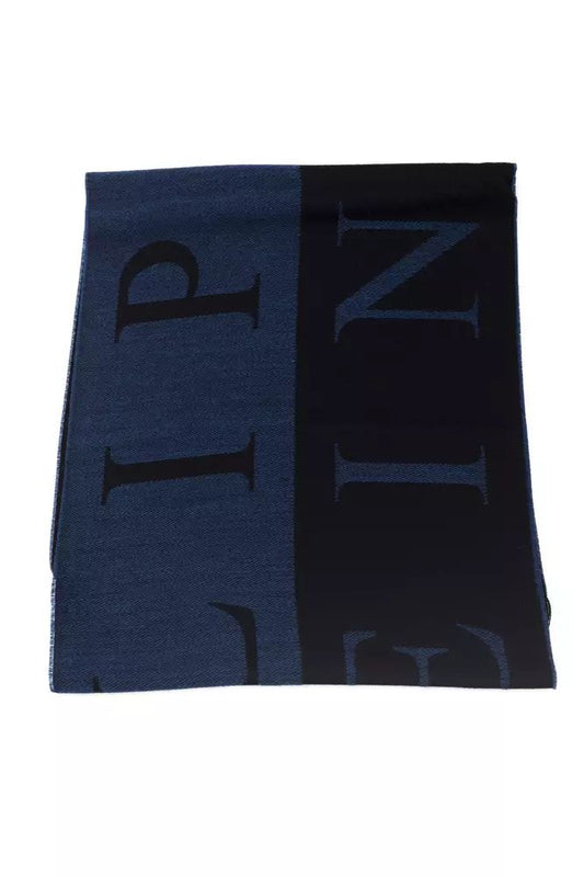 Elegant Blue Wool-Blend Fringed Scarf