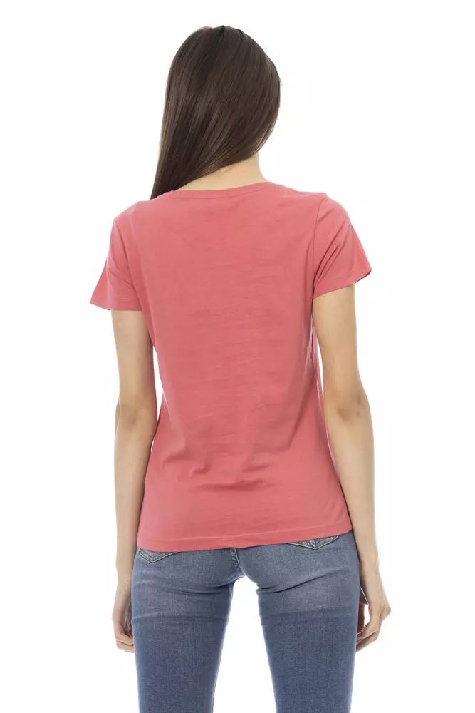 Chic Pink Cotton-Blend Tee with Elegant Print