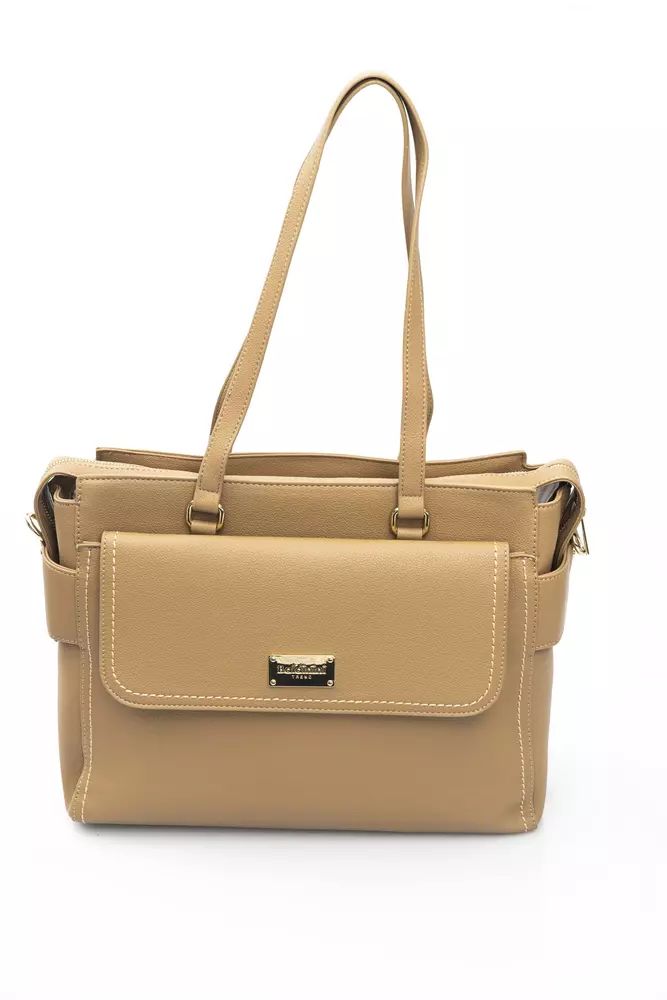 Elegant Beige Shoulder Bag With Golden Accents