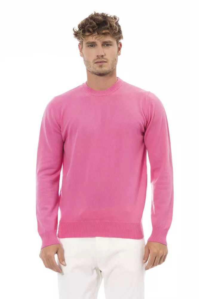 Chic Pink Crewneck Sweater with Fine Rib Detailing