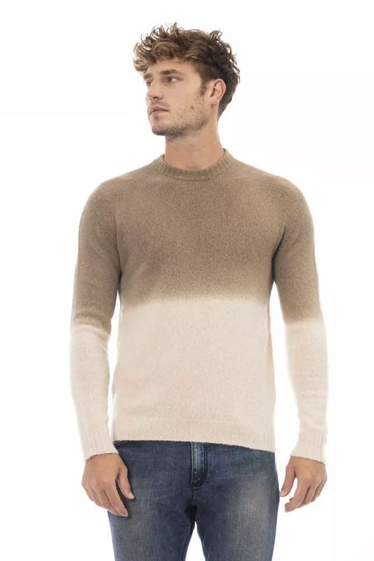 Beige Crewneck Sweater with Ribbed Details