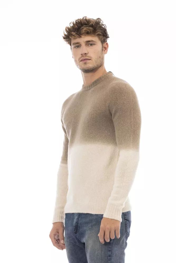 Beige Crewneck Sweater with Ribbed Details