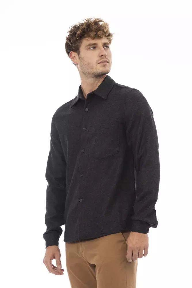 Chic Gray Flannel Button-Up Shirt with Front Pocket