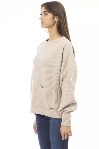 Chic Beige Crew Neck Cashmere Blend Sweater