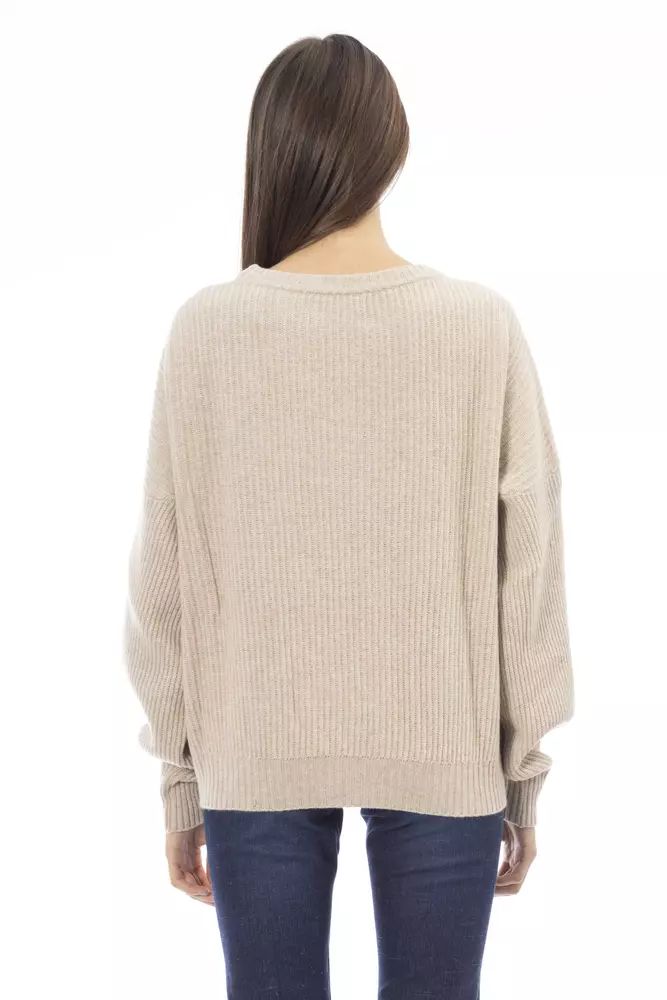 Chic Beige Crew Neck Cashmere Blend Sweater