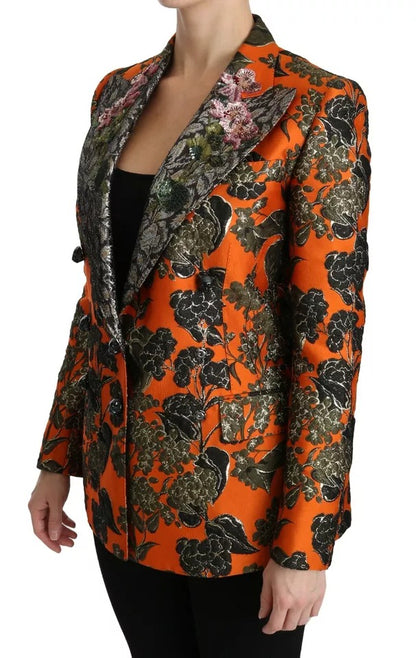 Orange Floral Brocade Coat Blazer Jacket