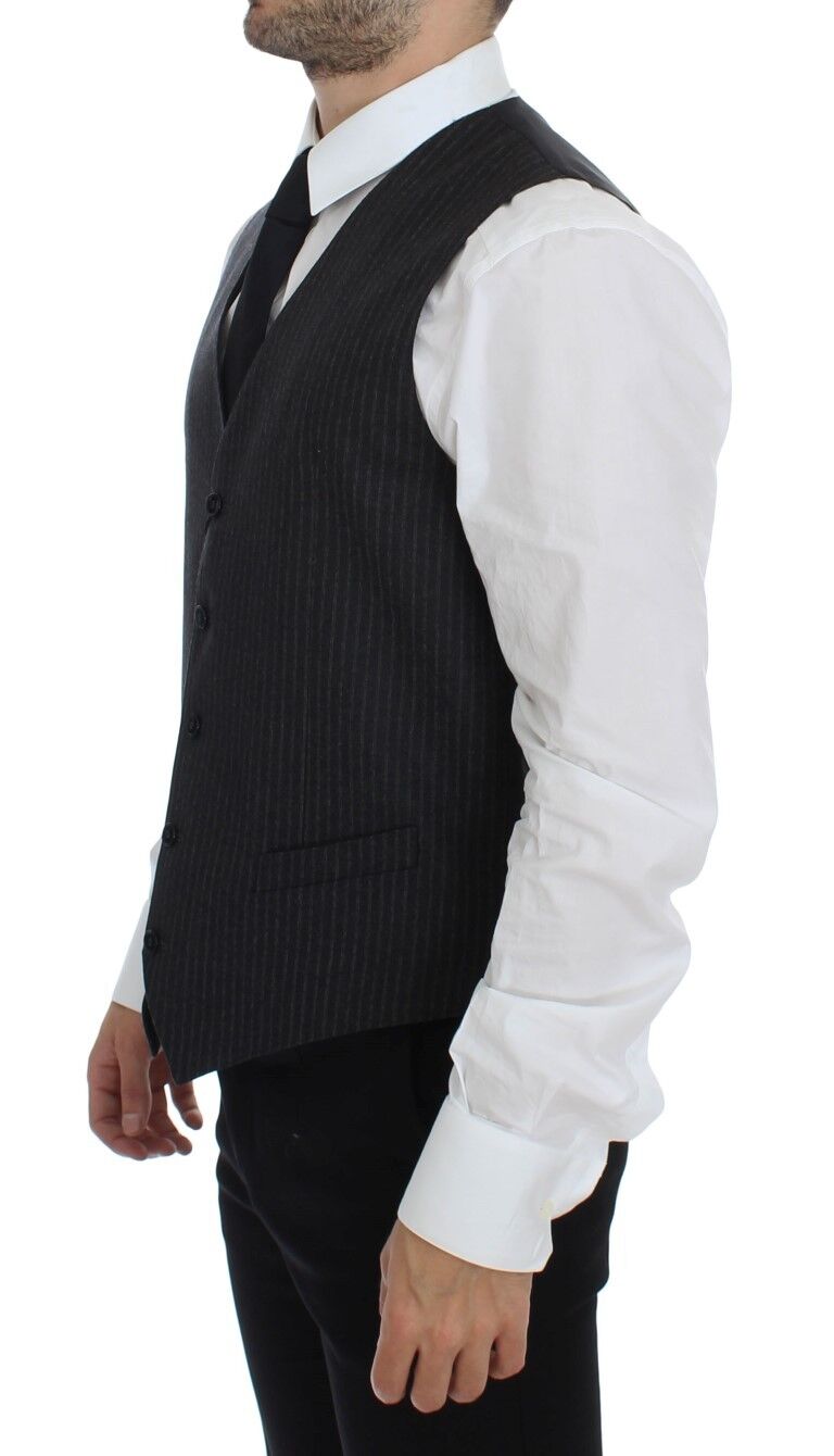 Elegant Gray Striped Wool Dress Vest